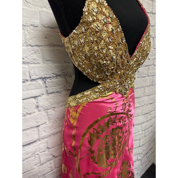 Mac Duggal Prom Hot Pink Gold Beaded Cut Out Open Back Formal Dress SZ 10 NWT - Picture 3 of 7